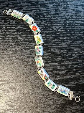 Vintage Art Deco Artisan Handpainted Enamel Flower Panel Silver Plated Bracelet